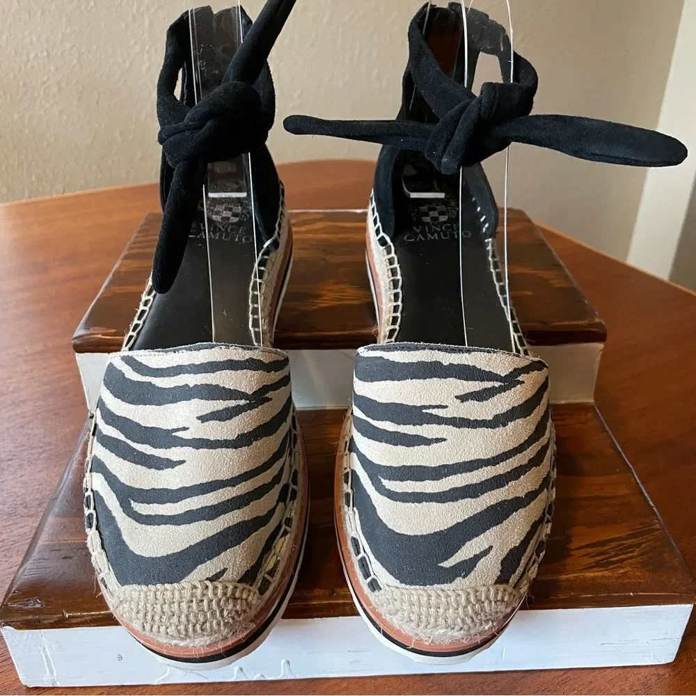 Vince Camuto Binadee Zebra Platform Espadrille Sandal Shoes Black Zip Ankle 7.5